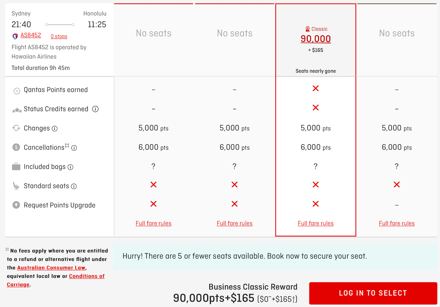Qantas Classic Reward flying Hawaiian Airlines Business Class (price before devaluation)