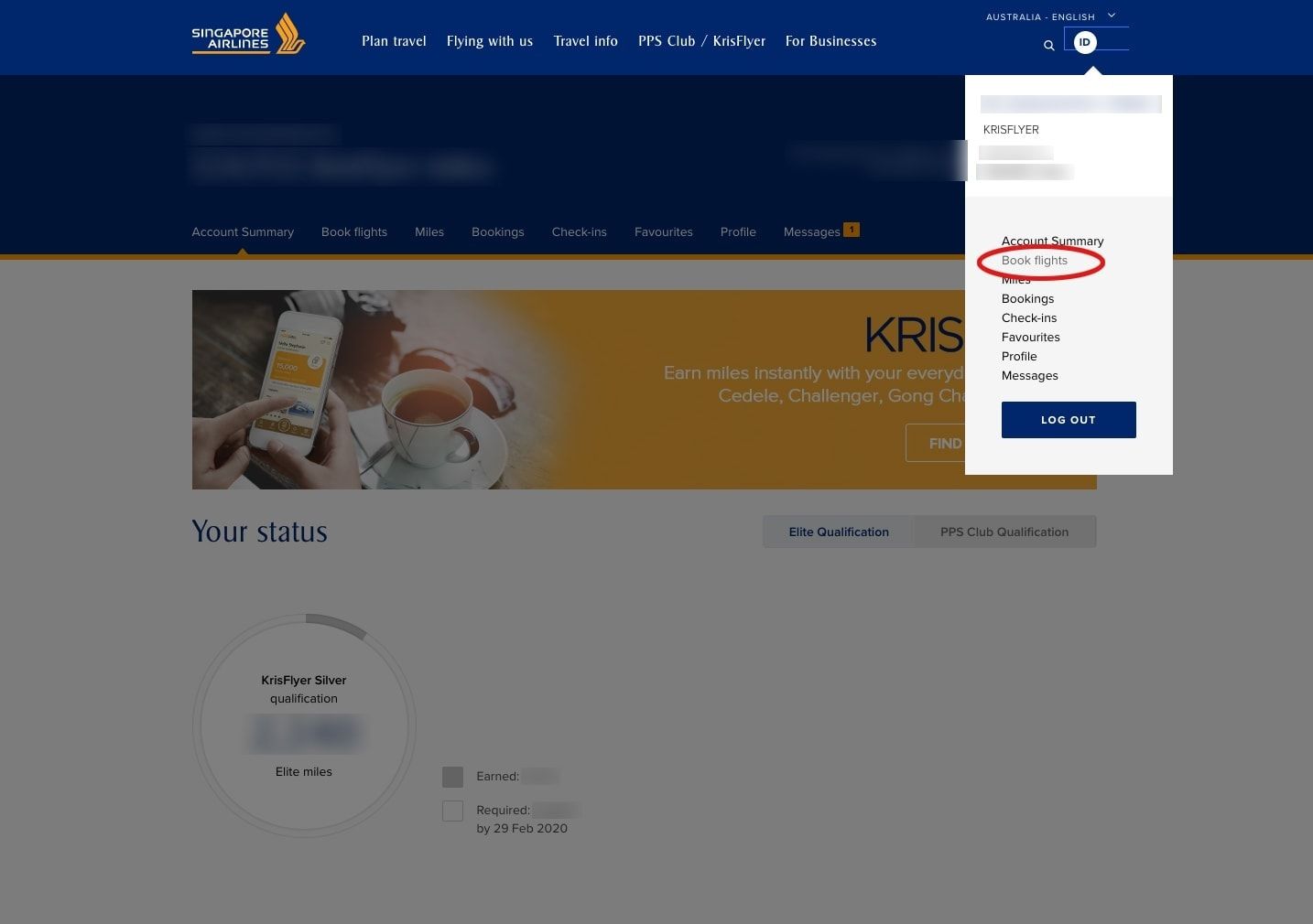 Singapore Airlines website account menu with Book flights circled