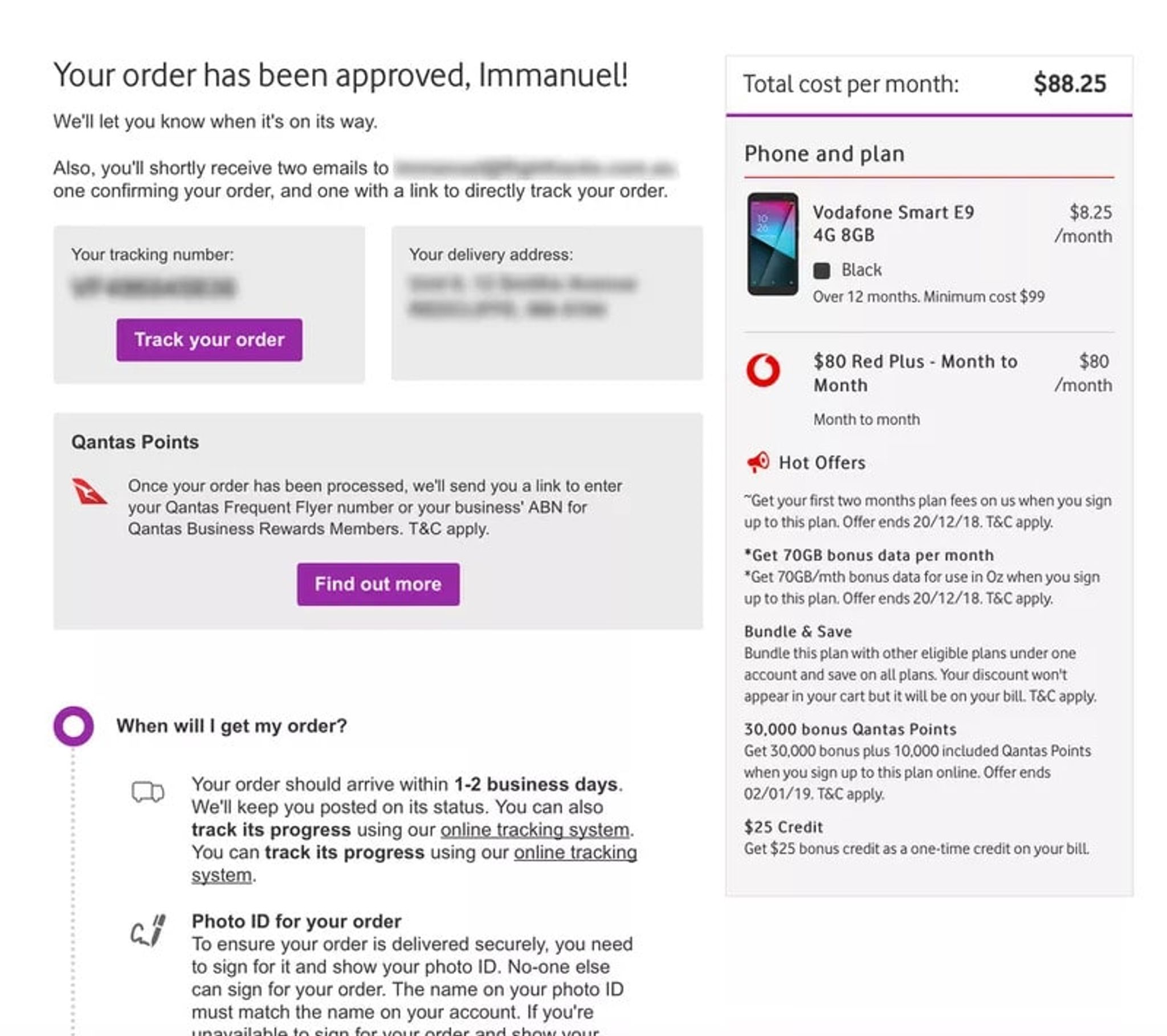 Vodafone order confirmation showing the plan summary and Qantas Points details