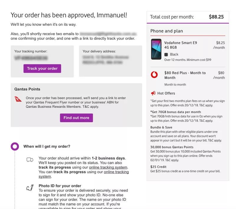 Vodafone order confirmation showing the plan summary and Qantas Points details