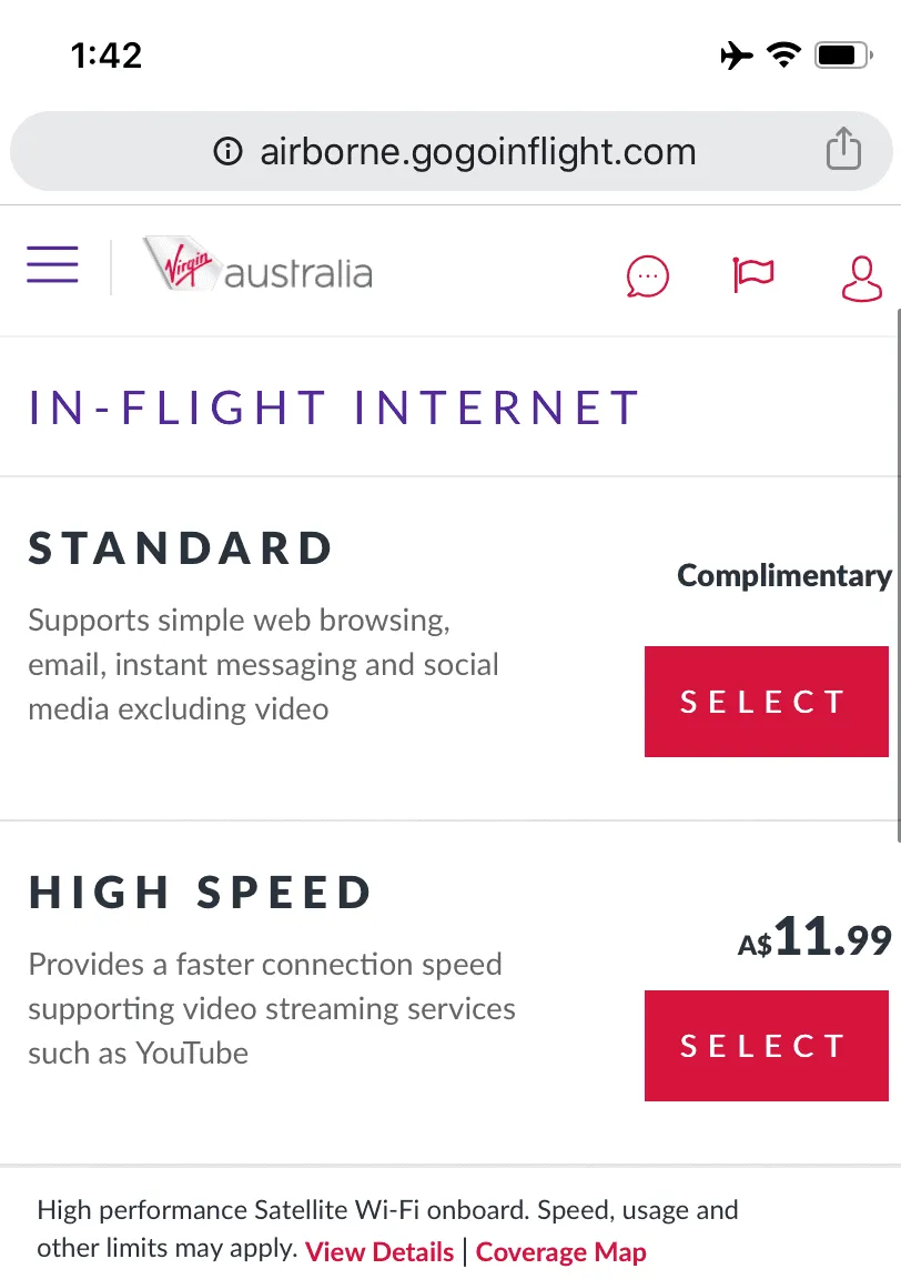 Virgin Australia in-flight internet options showing the complimentary Standard plan