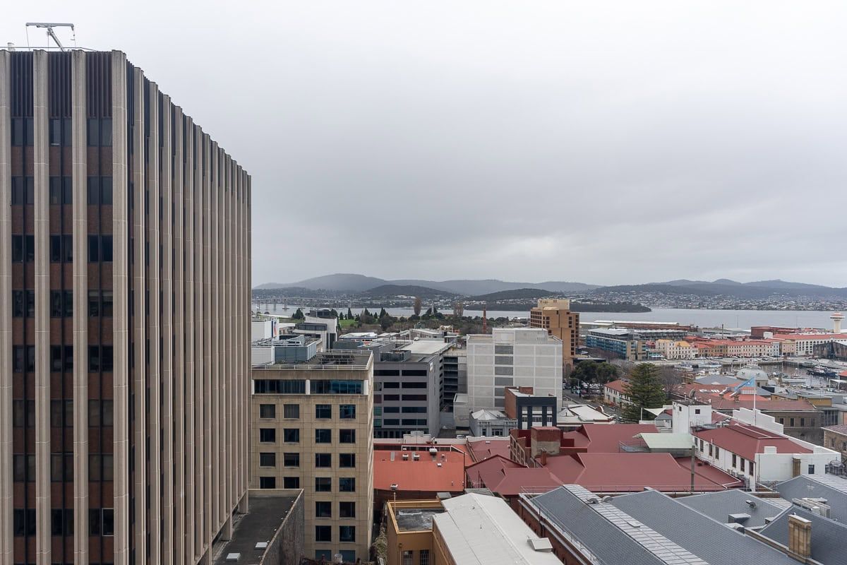 View over Hobart rooftops towards the River Derwent from Mövenpick Hobart