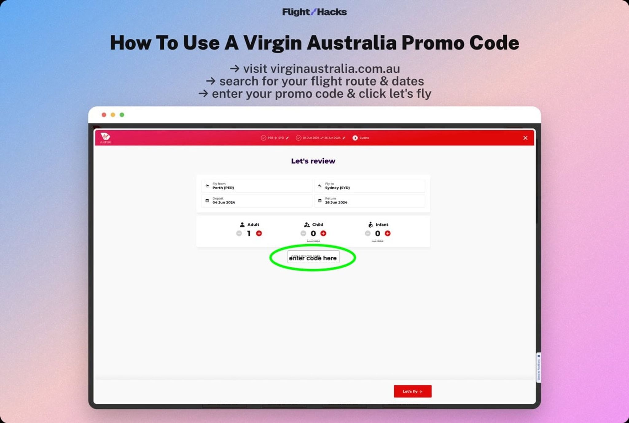 Flight Hacks guide graphic on how to use a Virgin Australia promo code