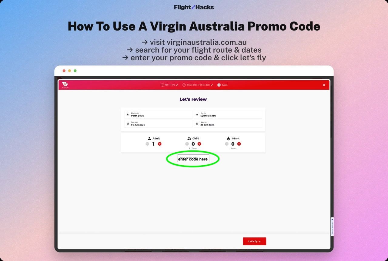 Flight Hacks guide graphic on how to use a Virgin Australia promo code