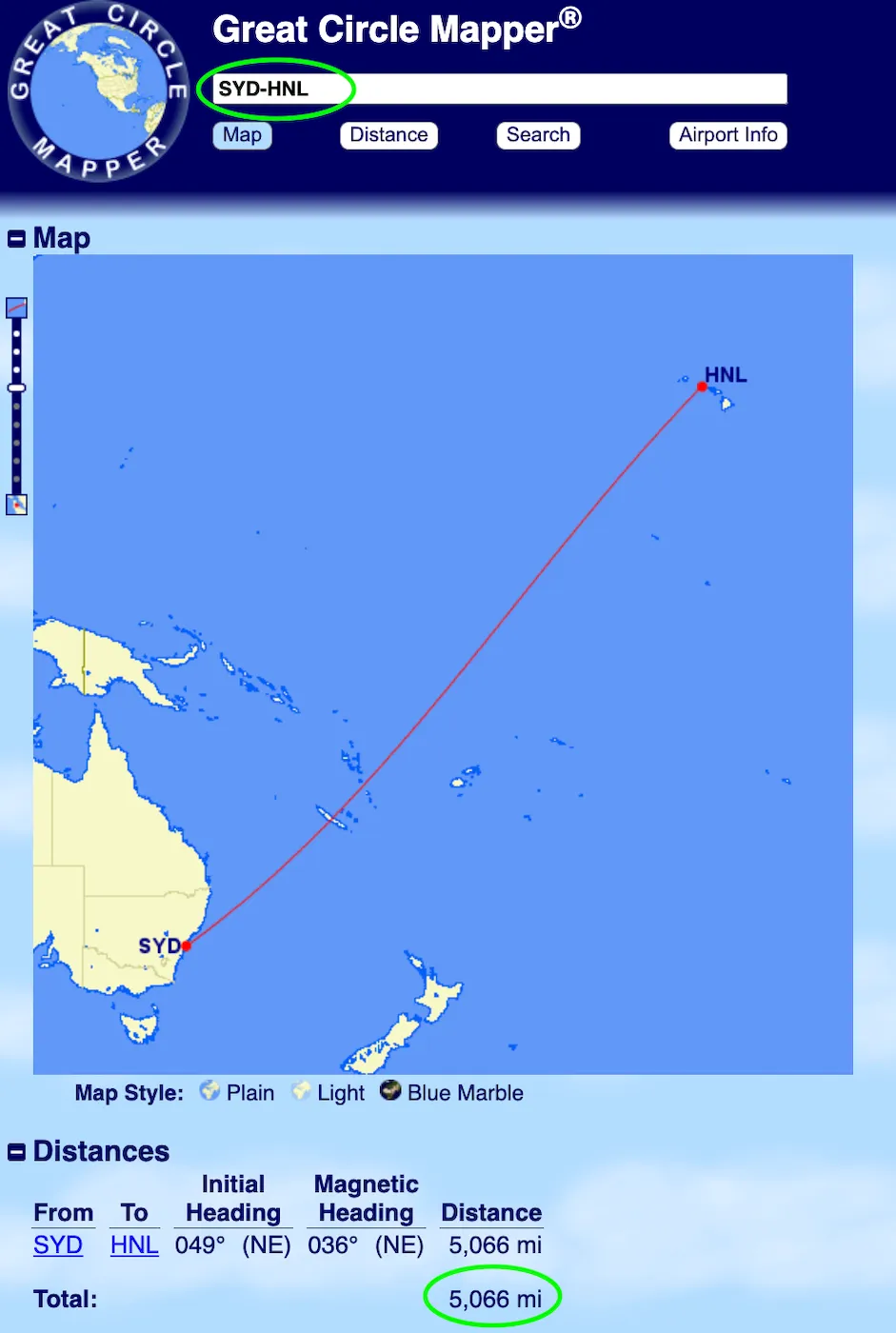 Use Great Circle Mapper to find flight miles