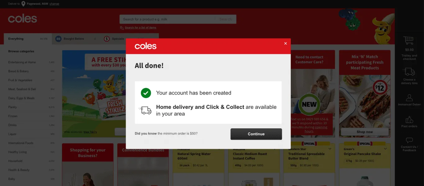 Coles Online account created confirmation pop-up