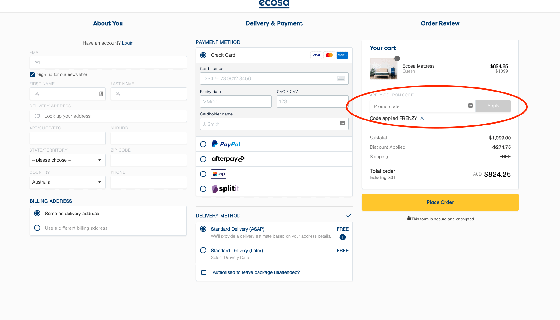 Ecosa mattress checkout page with the promo code field circled