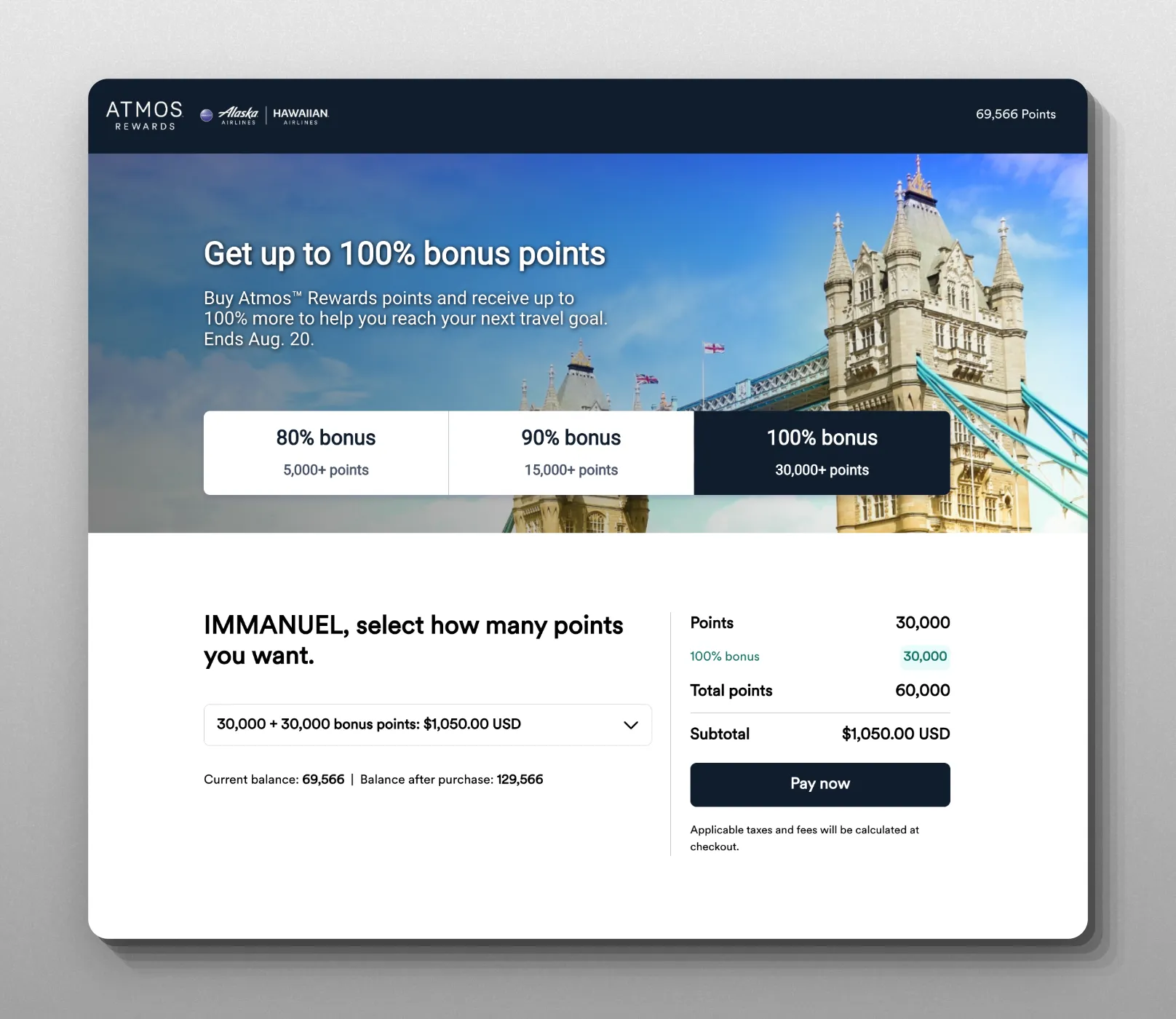 Alaska Atmos Rewards with 100% bonus