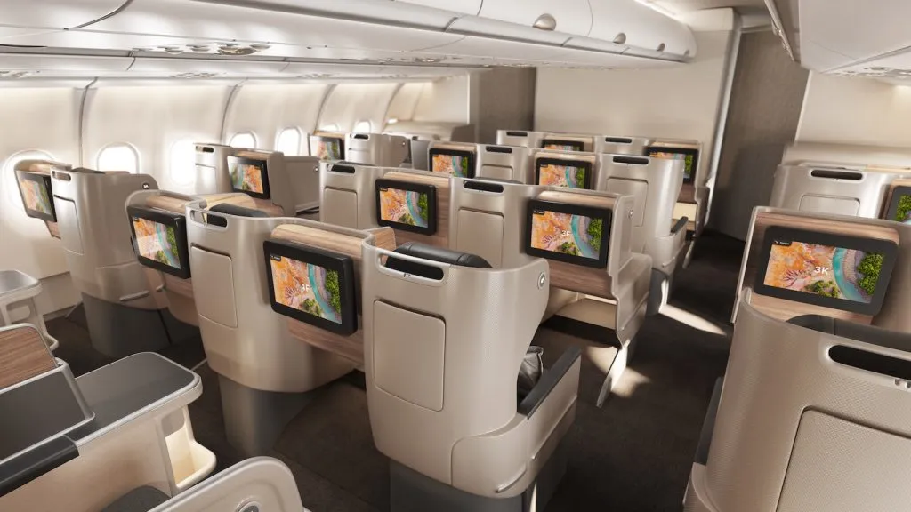 Qantas Airbus A330 economy cabin with new seats and seatback screens