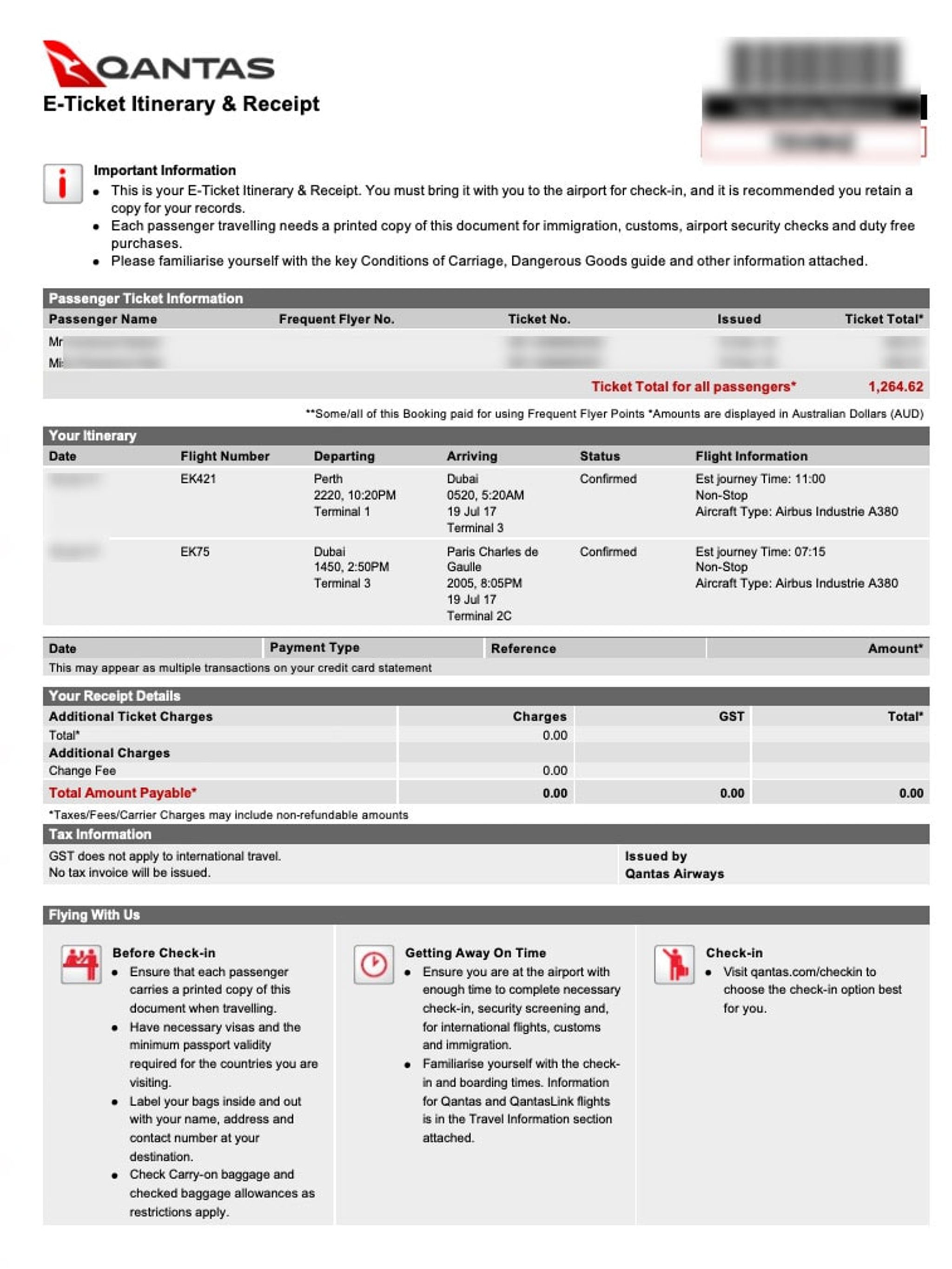 Qantas E-Ticket Itinerary and Receipt Sample