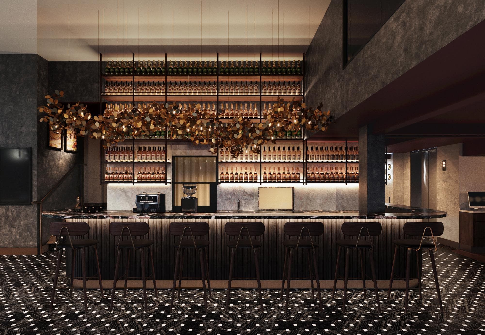 Wayfarer's Bar & Café at Aiden Darling Harbour with backlit bottle shelves