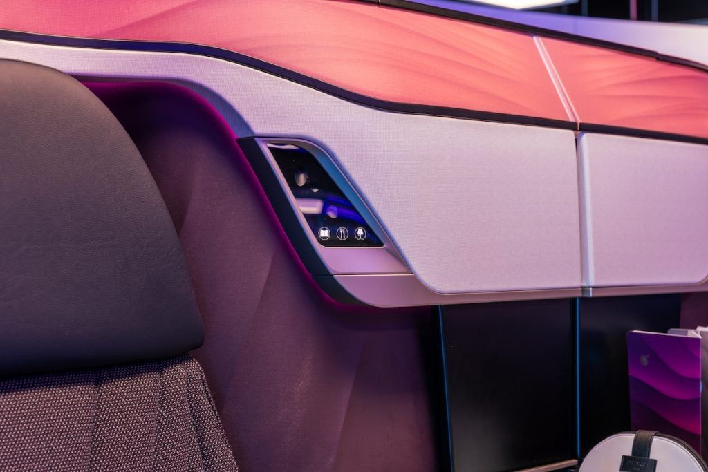 Close-up of the Qatar Airways Qsuite Next Gen seat shell and controls