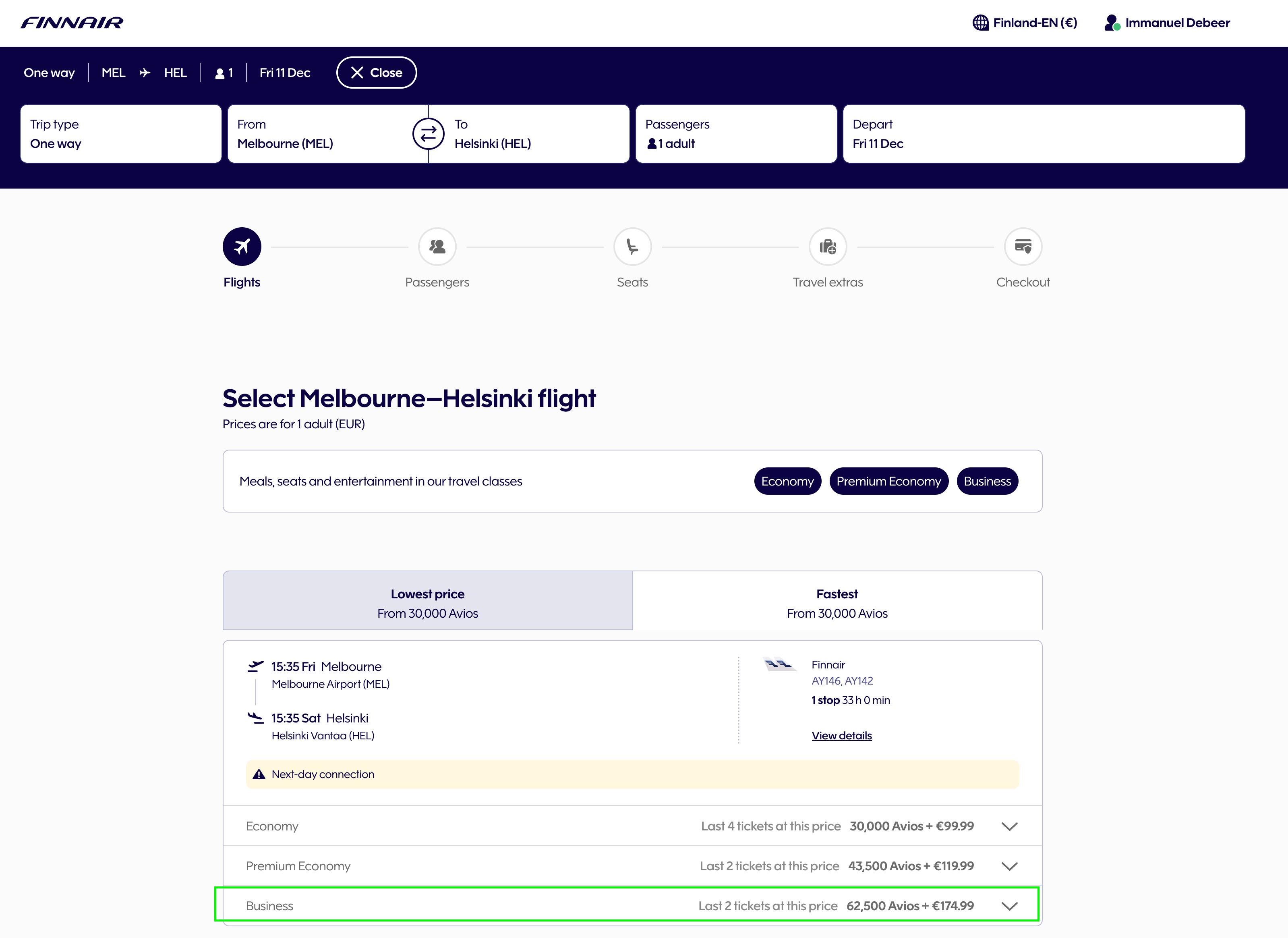 Finnair error redemption using Avios for HEL-MEL