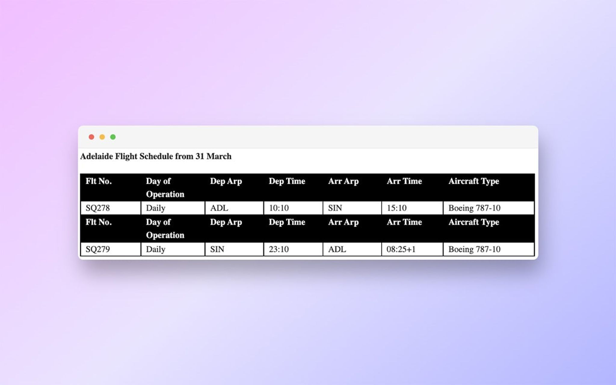 Adelaide Schedule