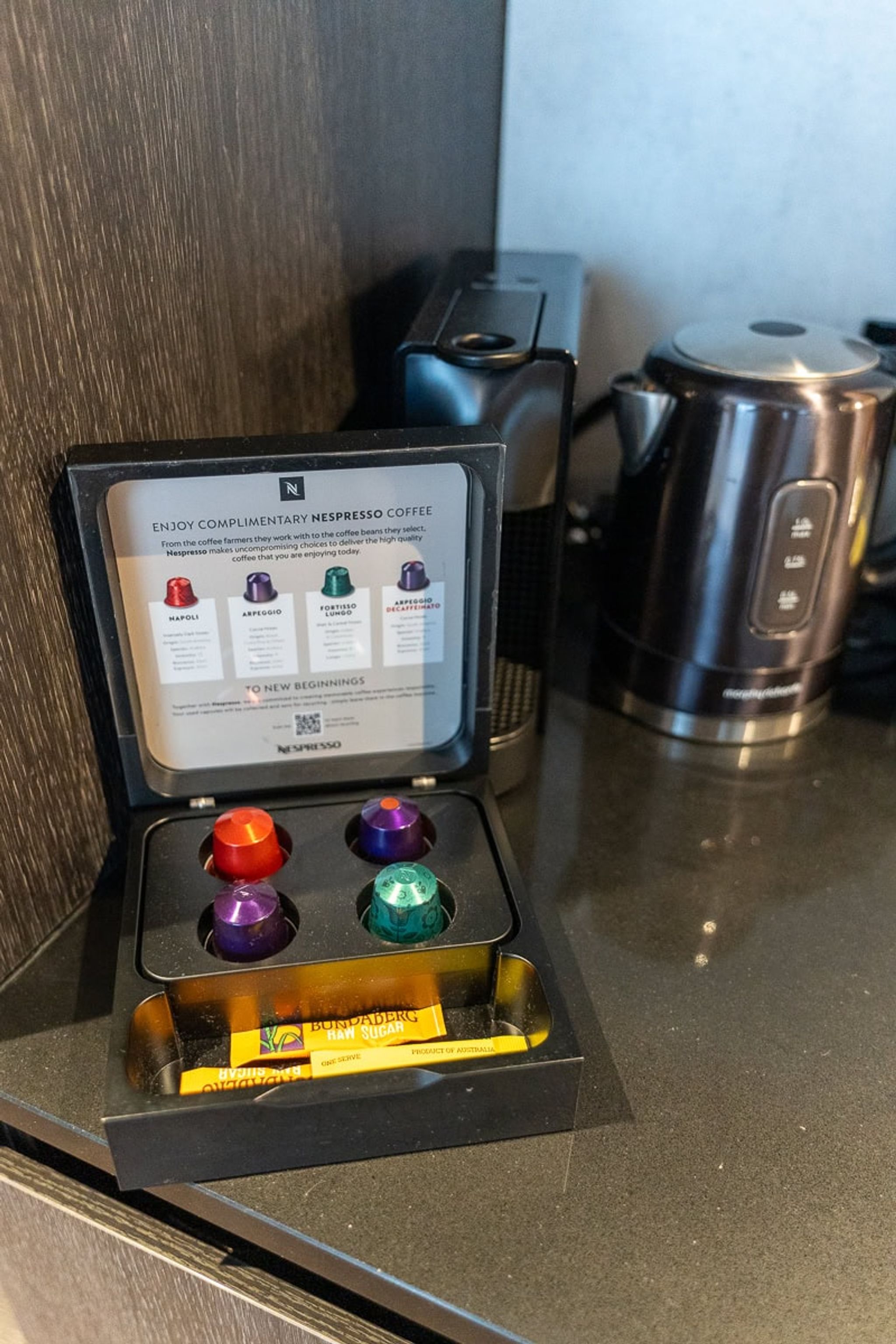 Nespresso coffee pods and kettle in a Mövenpick Hobart room