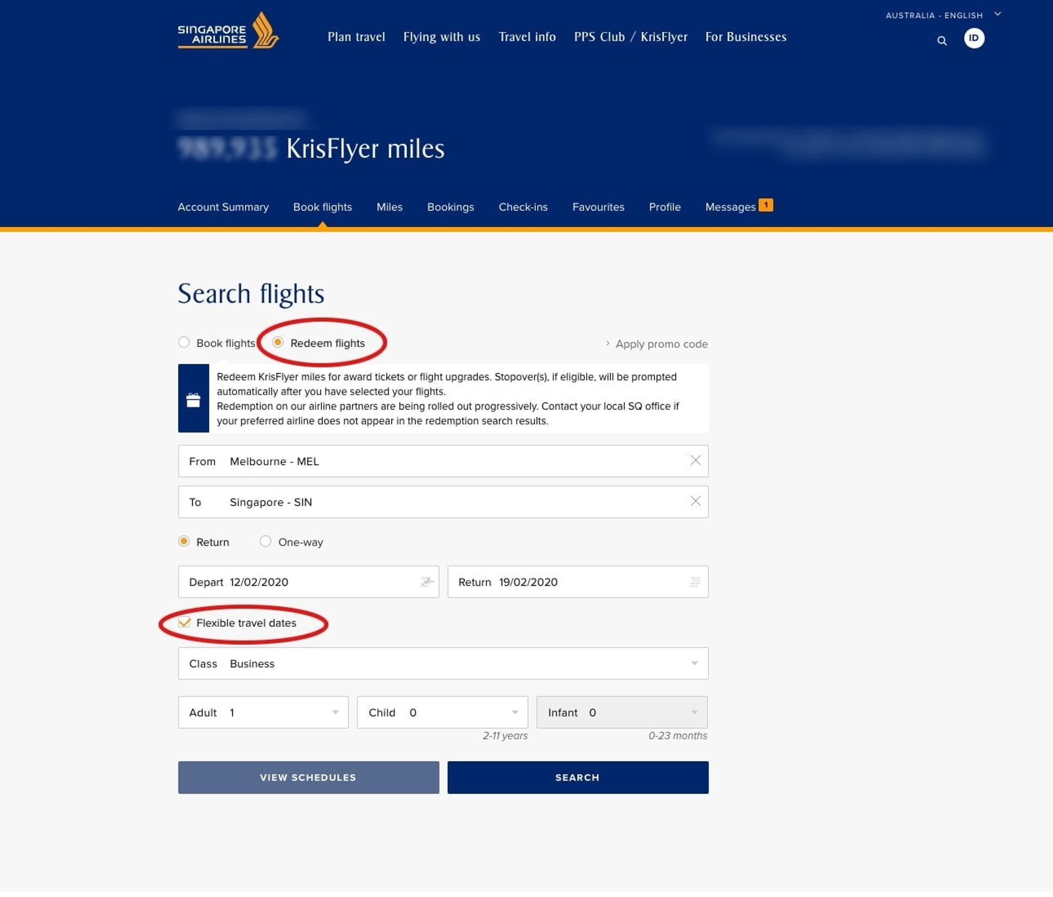 Singapore Airlines KrisFlyer search form with Redeem flights and flexible travel dates circled