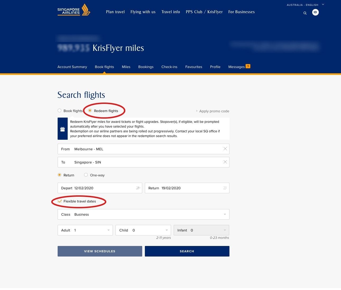 Singapore Airlines KrisFlyer search form with Redeem flights and flexible travel dates circled