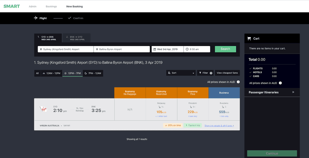 SMART Corporate booking tool showing Virgin Australia fares from Sydney to Ballina