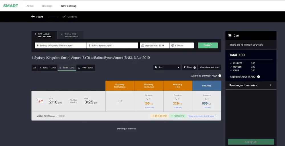 SMART Corporate booking tool showing Virgin Australia fares from Sydney to Ballina