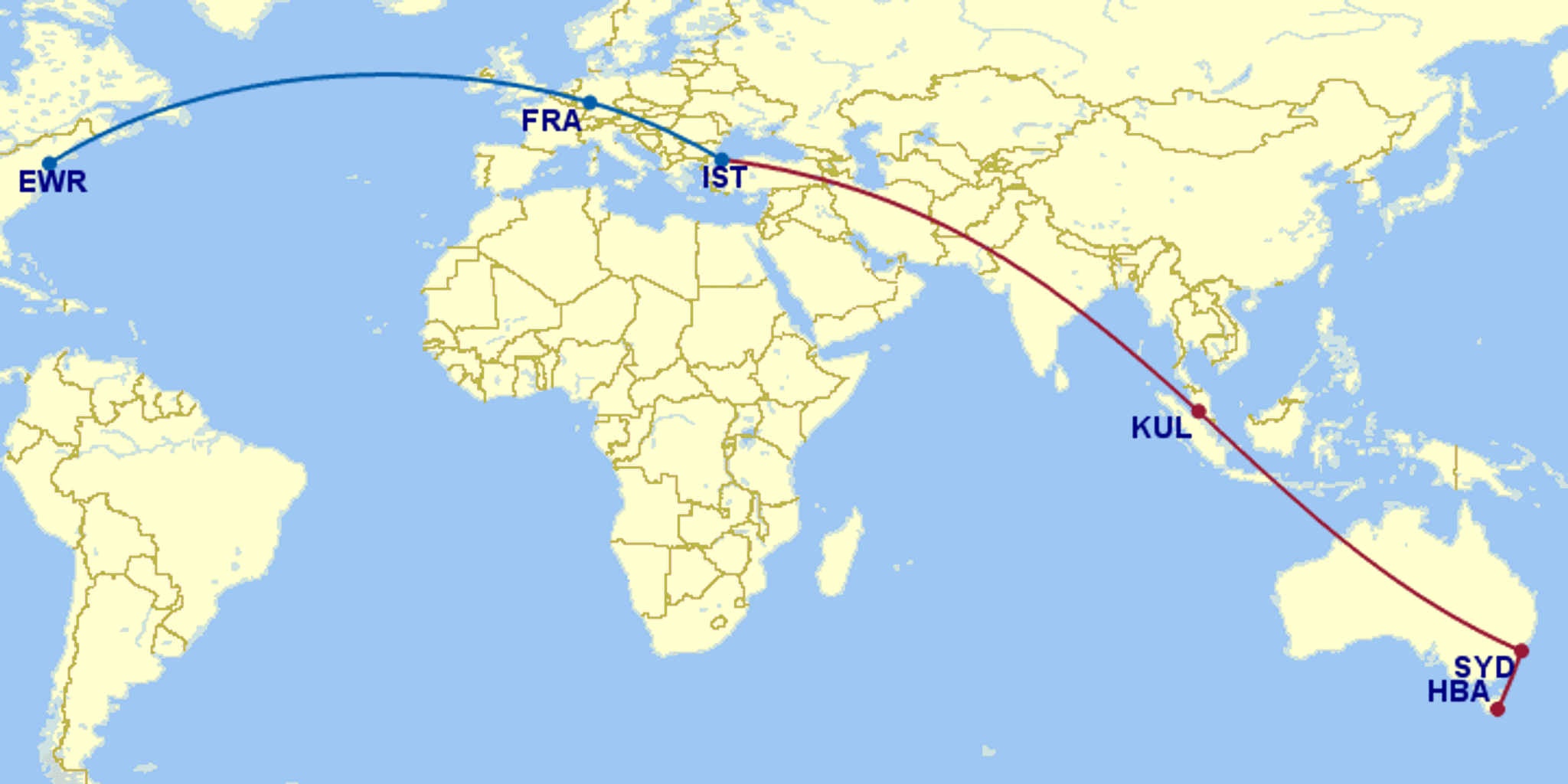 Route map from Hobart and Sydney to Newark via Kuala Lumpur, Istanbul and Frankfurt