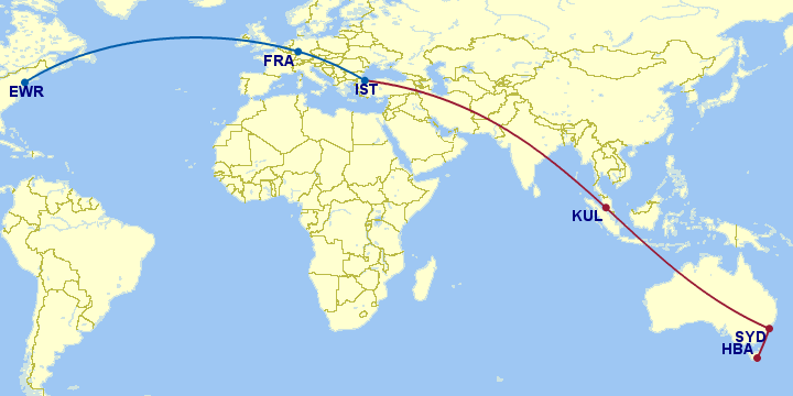 Route map from Hobart and Sydney to Newark via Kuala Lumpur, Istanbul and Frankfurt
