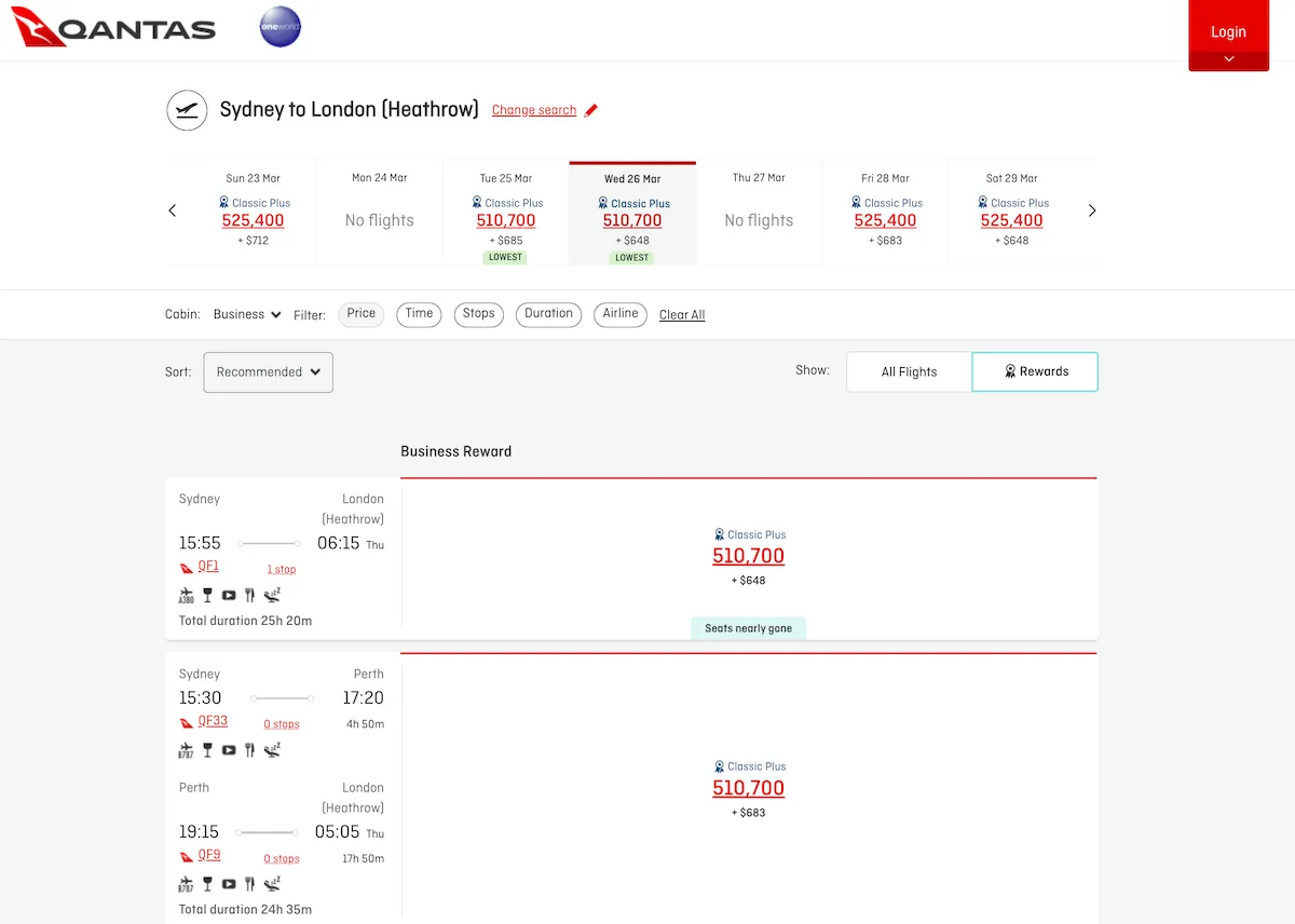 Qantas Sydney to London business Classic Plus rewards from 510,700 points