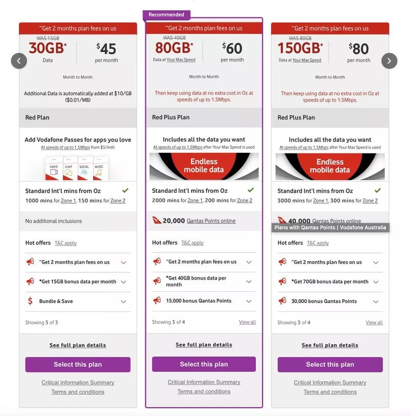 Vodafone Red Plan and Red Plus Plan options showing data, price and Qantas Points offers