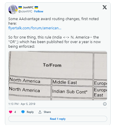 Tweet about AAdvantage award routing rules with a North America to Middle East chart