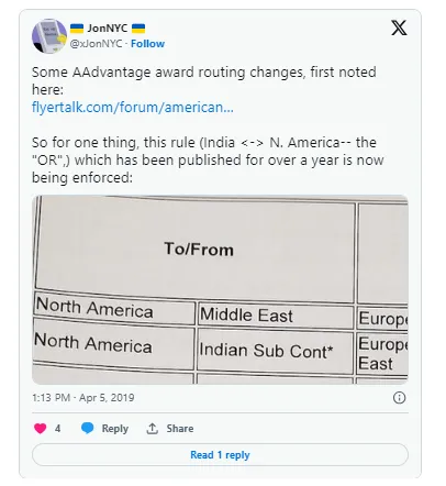 Tweet about AAdvantage award routing rules with a North America to Middle East chart