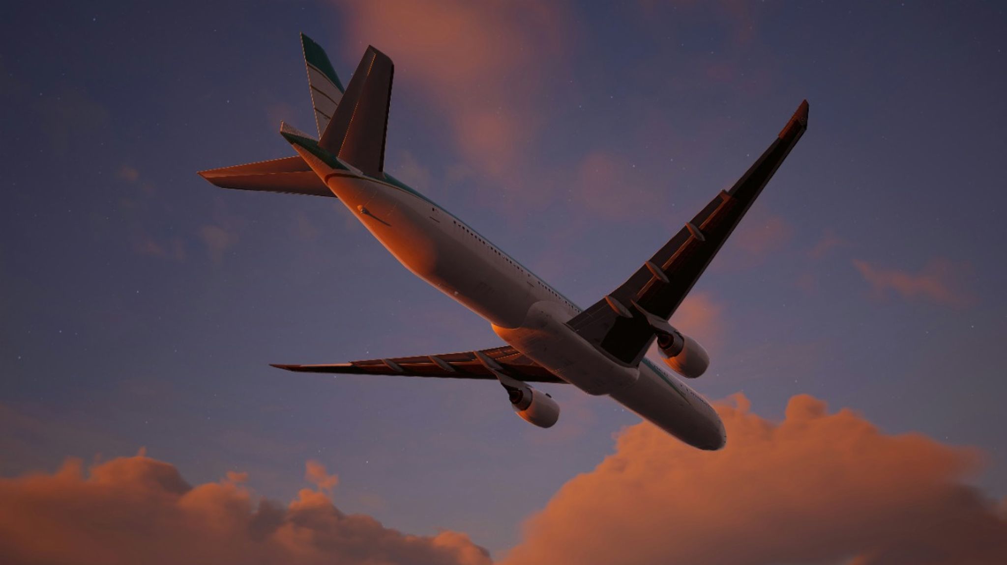 Passenger jet flying through clouds at sunset