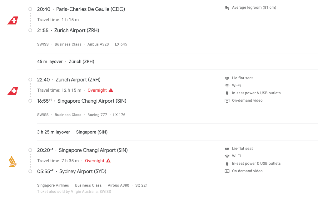 Google Flights itinerary from Paris to Sydney via Zurich and Singapore on Swiss and Singapore Airlines business class