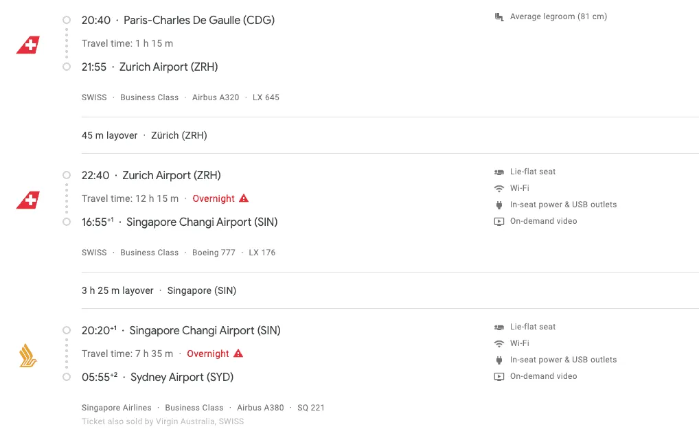 Google Flights itinerary from Paris to Sydney via Zurich and Singapore on Swiss and Singapore Airlines business class