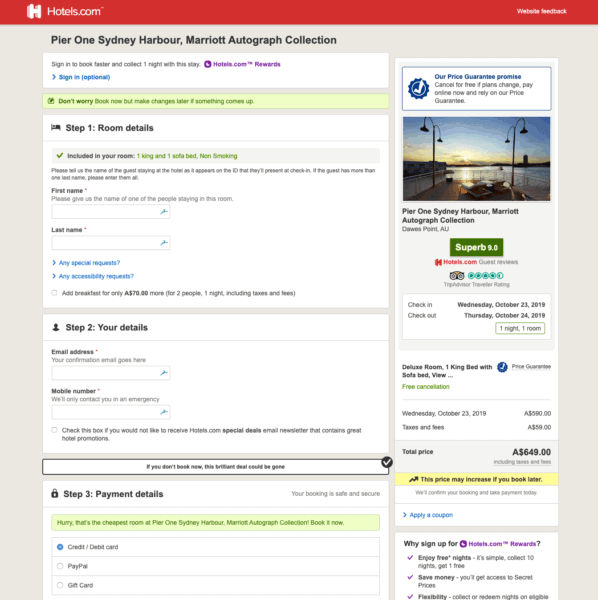 Hotels.com booking page for Pier One Sydney Harbour with the apply a coupon link