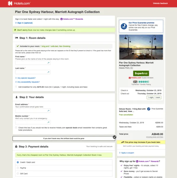 Hotels.com booking page for Pier One Sydney Harbour with the apply a coupon link