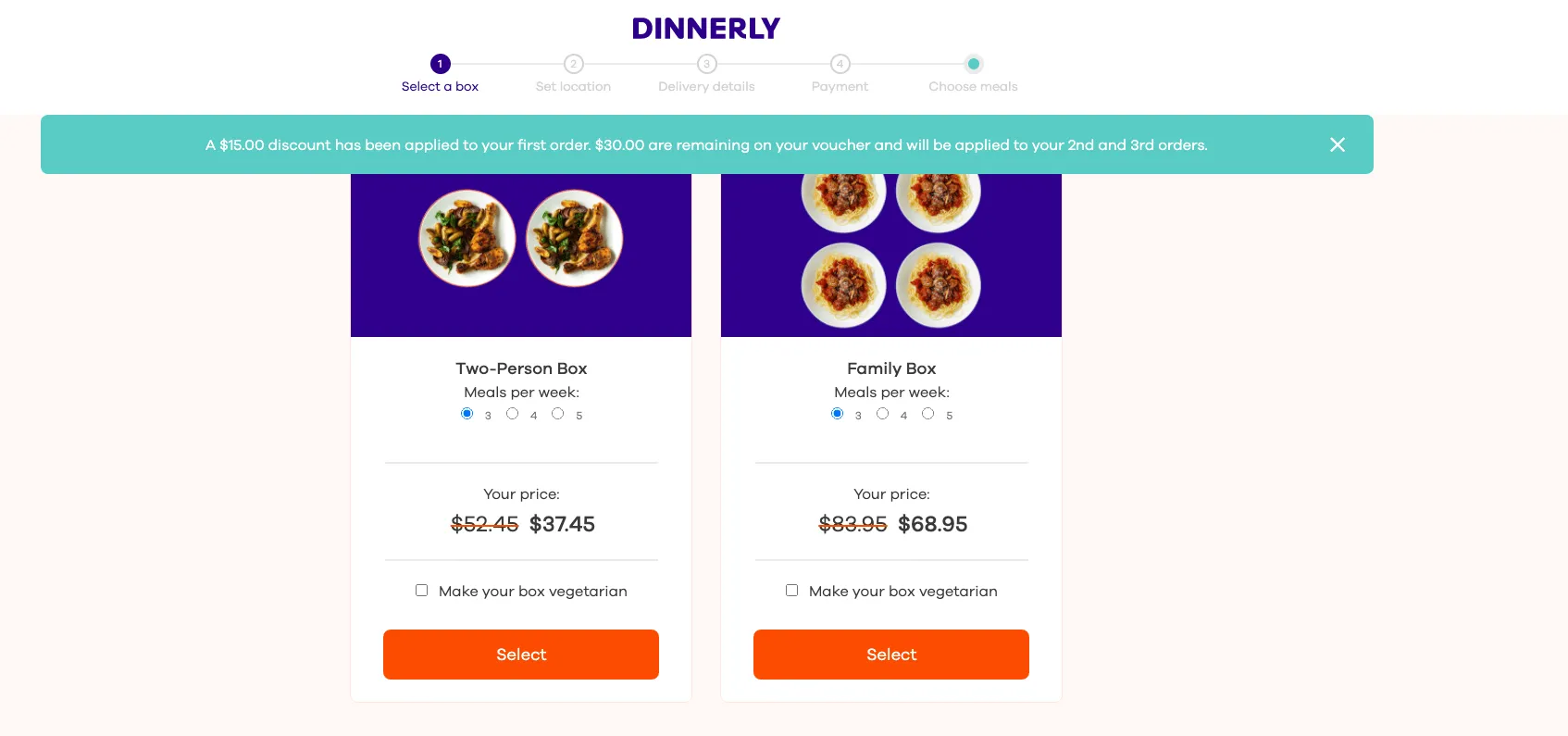 Dinnerly meal box selection with the first-order discount applied
