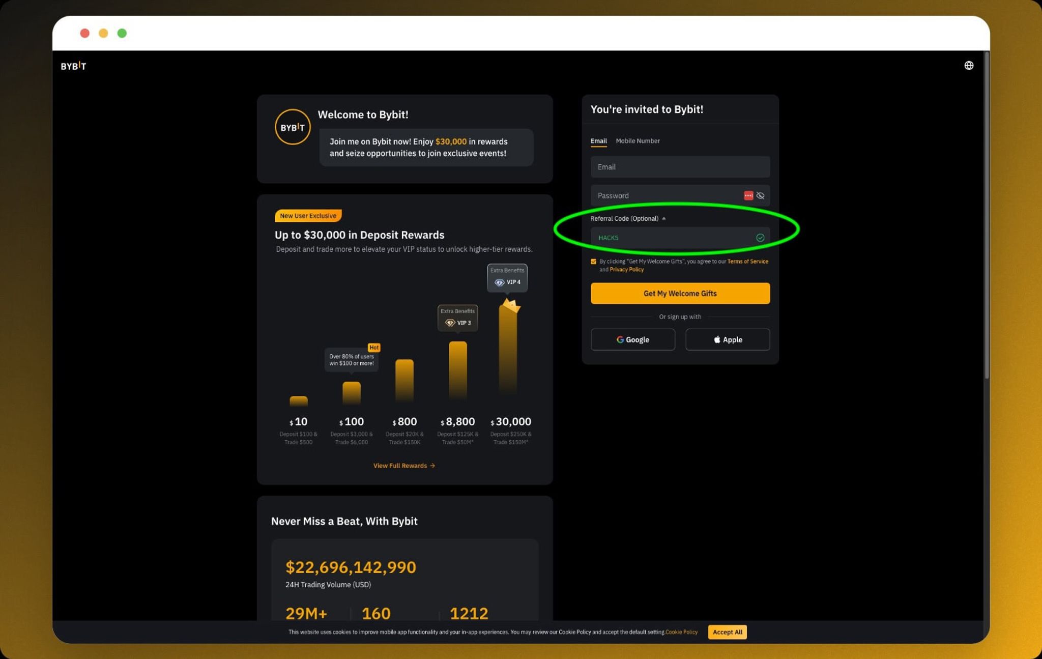 Bybit sign-up page with the referral code field circled