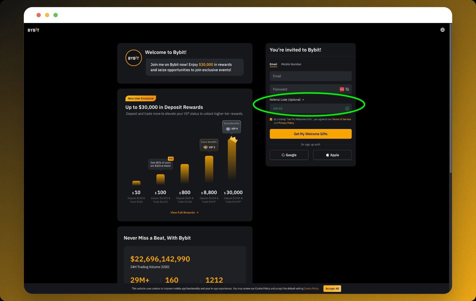 Bybit sign-up page with the referral code field circled