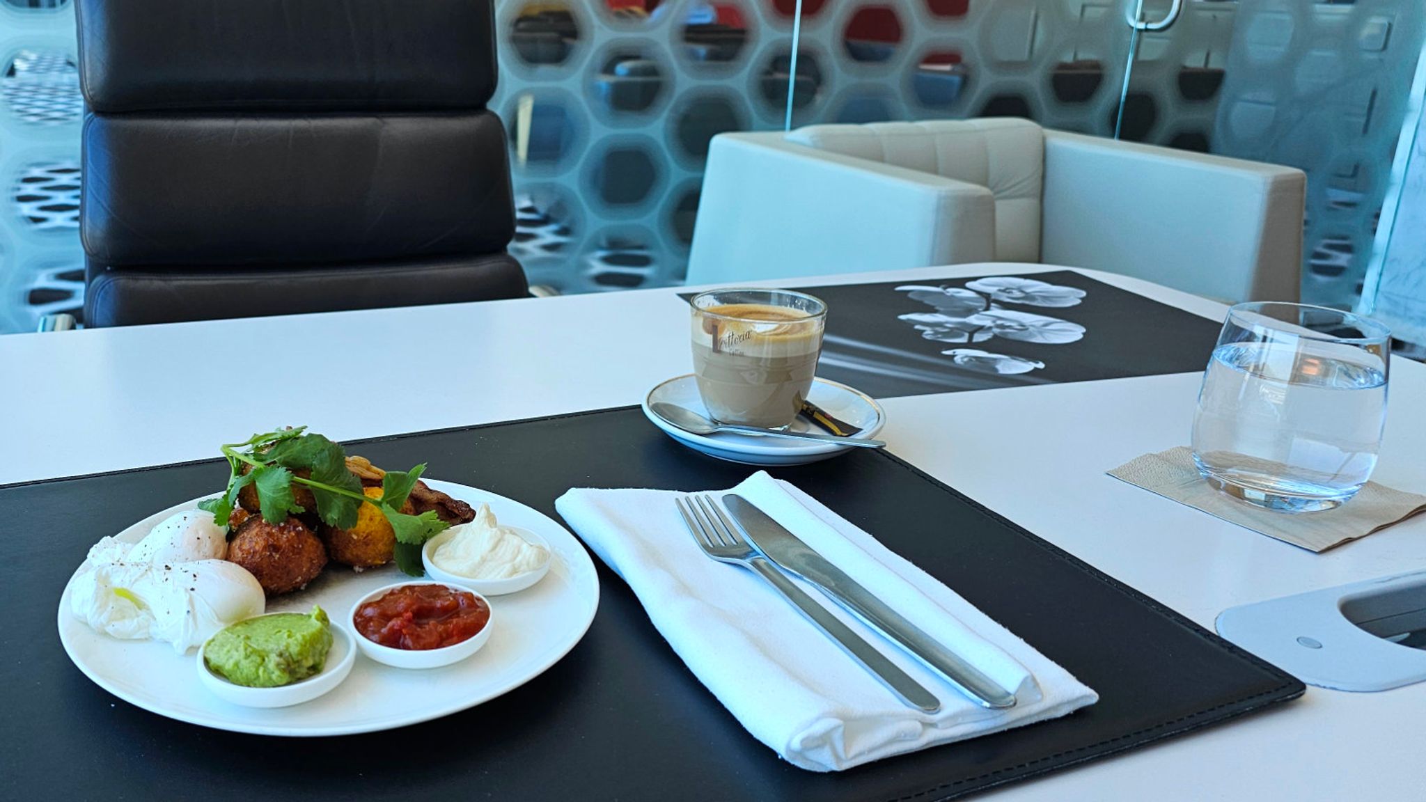 Dining at the Qantas First Lounge in Melbourne