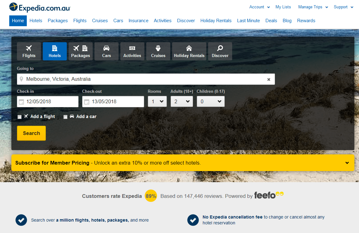 Expedia Australia homepage hotel search