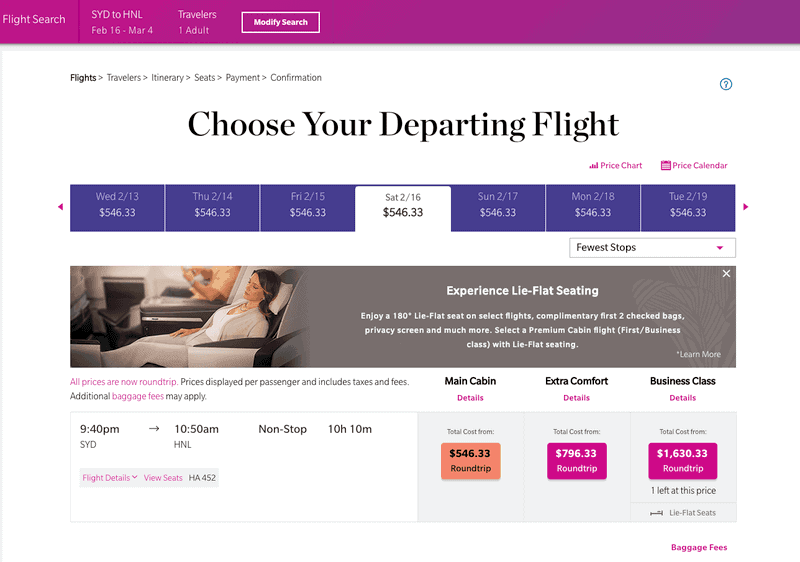 Hawaiian Airlines booking page for Sydney to Honolulu showing economy and business class fares