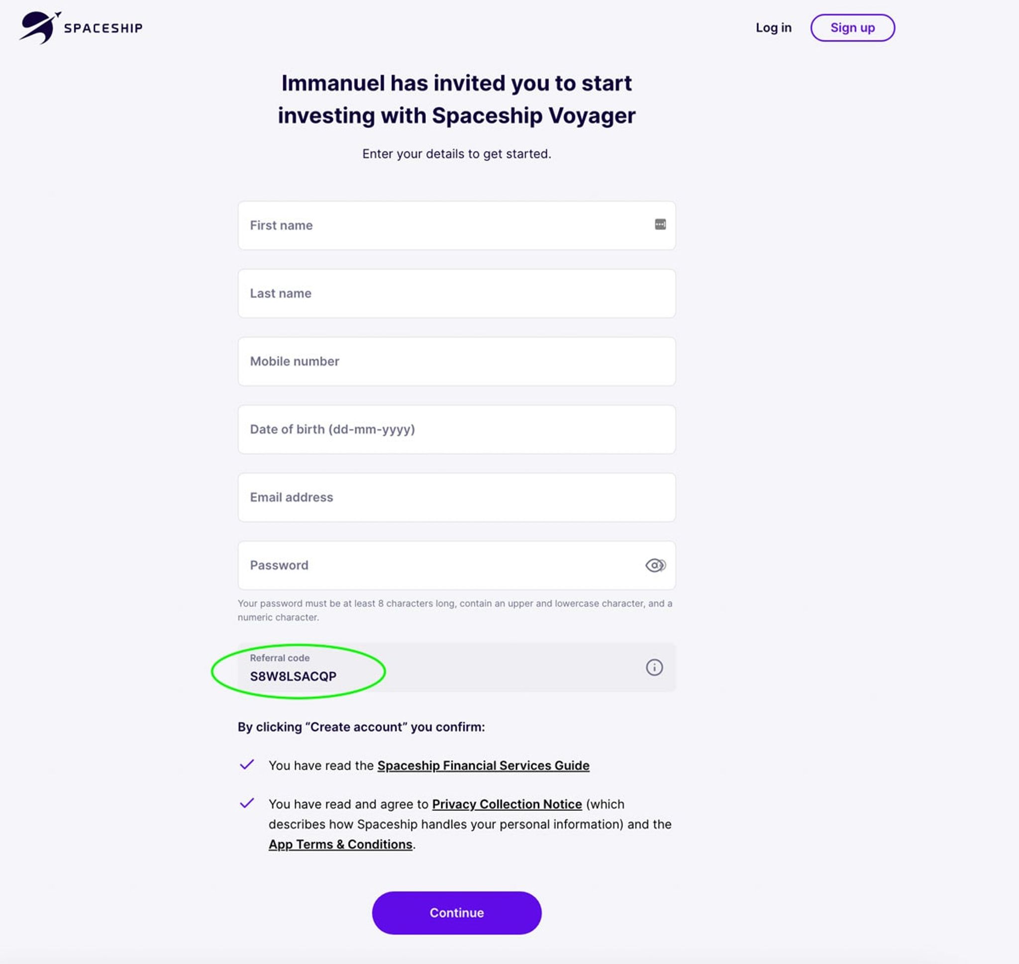 Spaceship Voyager sign-up form with the referral code field circled