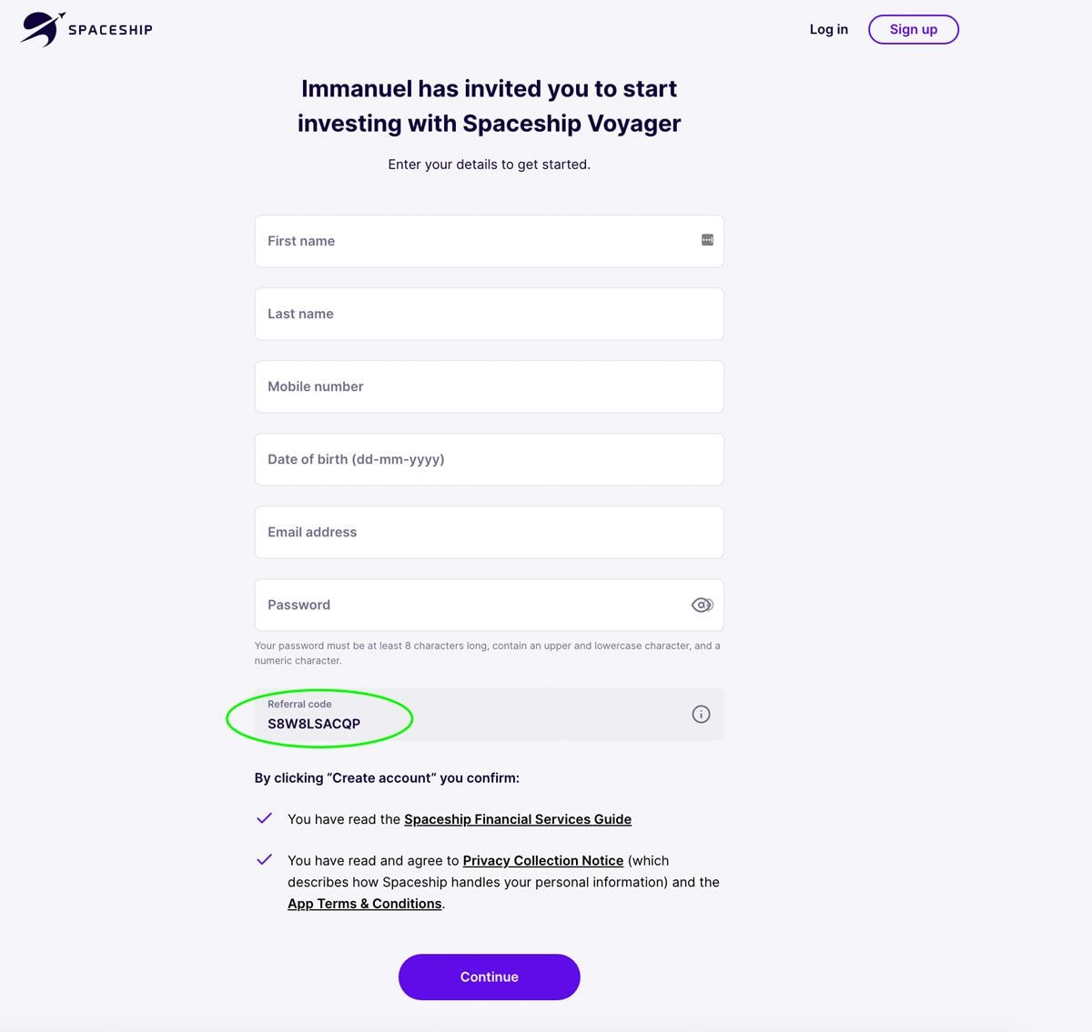 Spaceship Voyager sign-up form with the referral code field circled