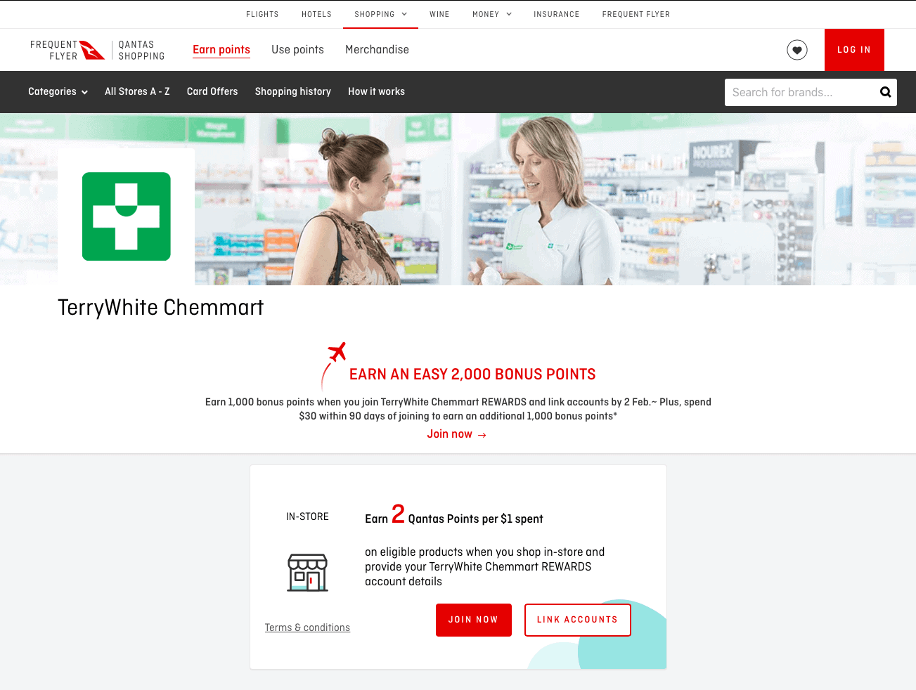 Qantas Shopping page for TerryWhite Chemmart offering 2,000 bonus Qantas Points