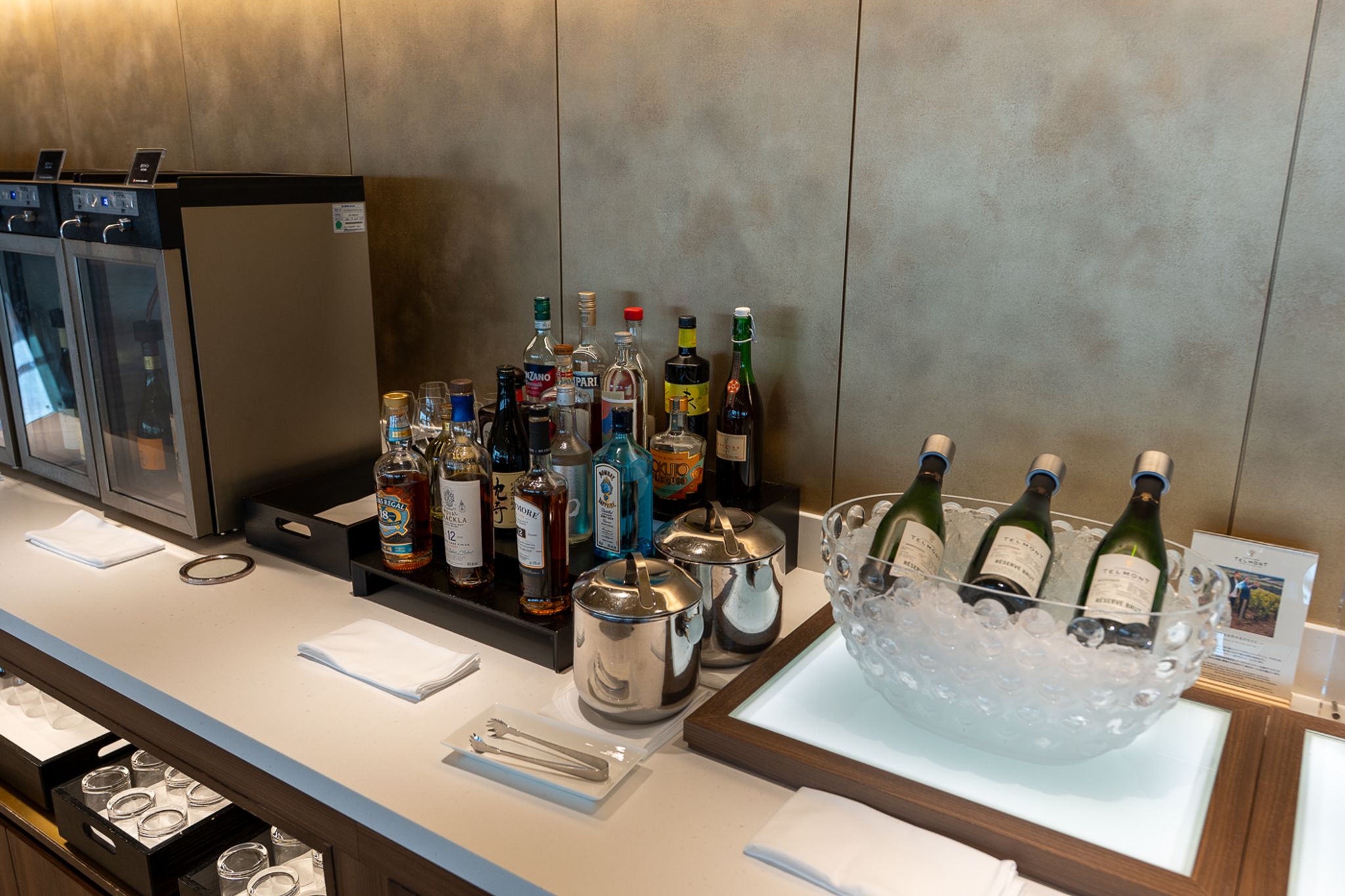 Spirits and champagne on ice in the Japan Airlines lounge in Tokyo