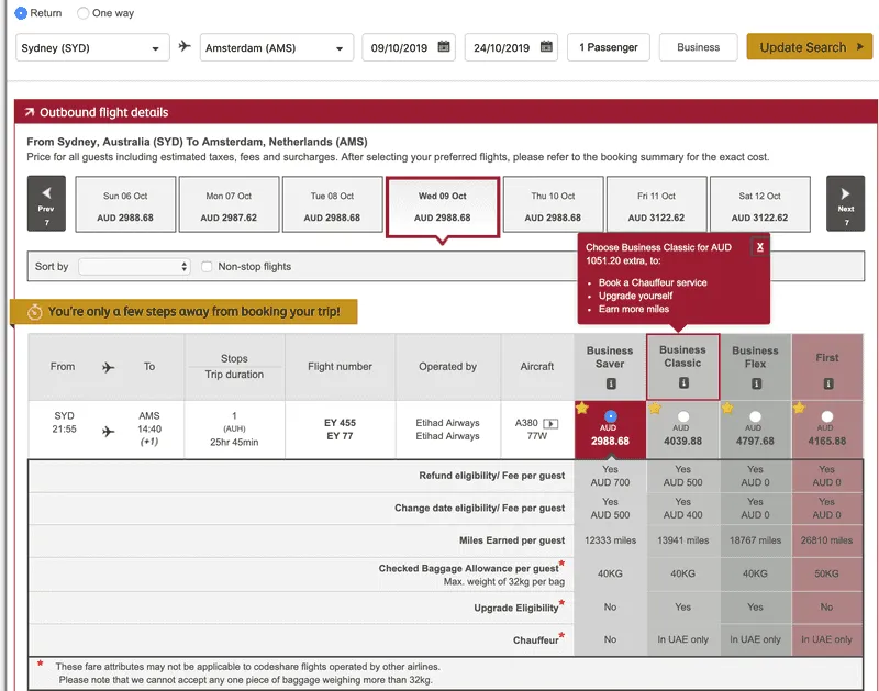 Etihad business class fares from Sydney to Amsterdam for October 2019