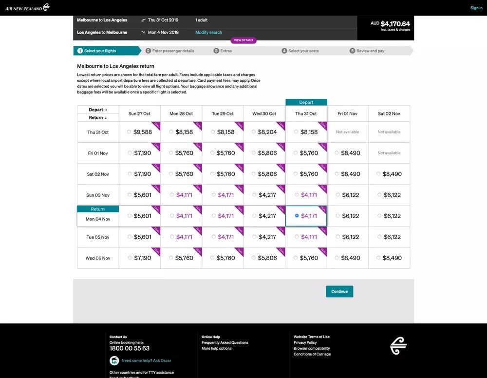 Air New Zealand fare calendar for Melbourne to Los Angeles business class from $4,171
