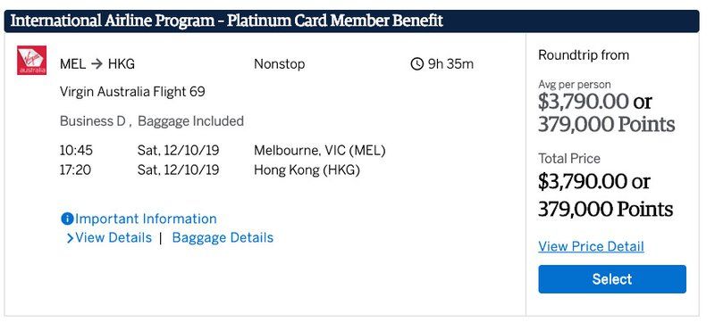 Amex International Airline Program fare for Virgin Australia business class from Melbourne to Hong Kong