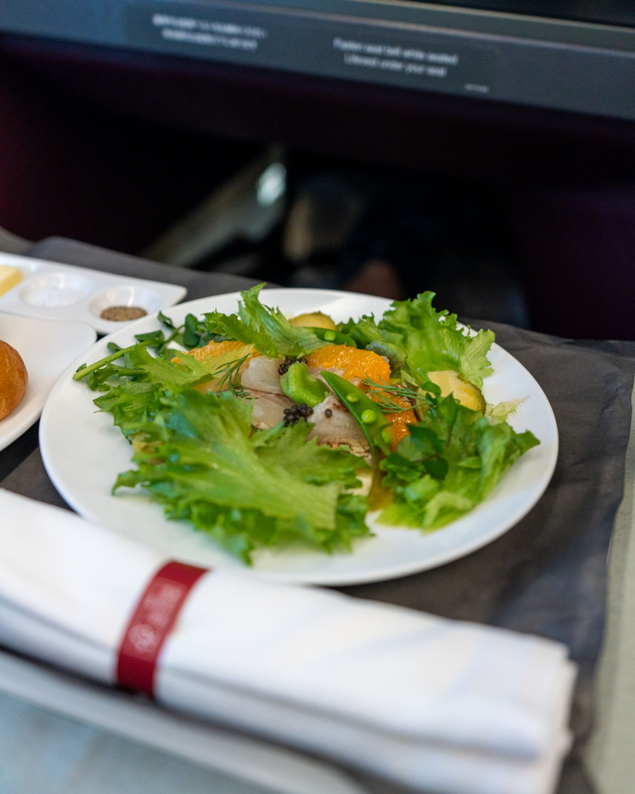 Salad starter served in Japan Airlines A350-1000 business class