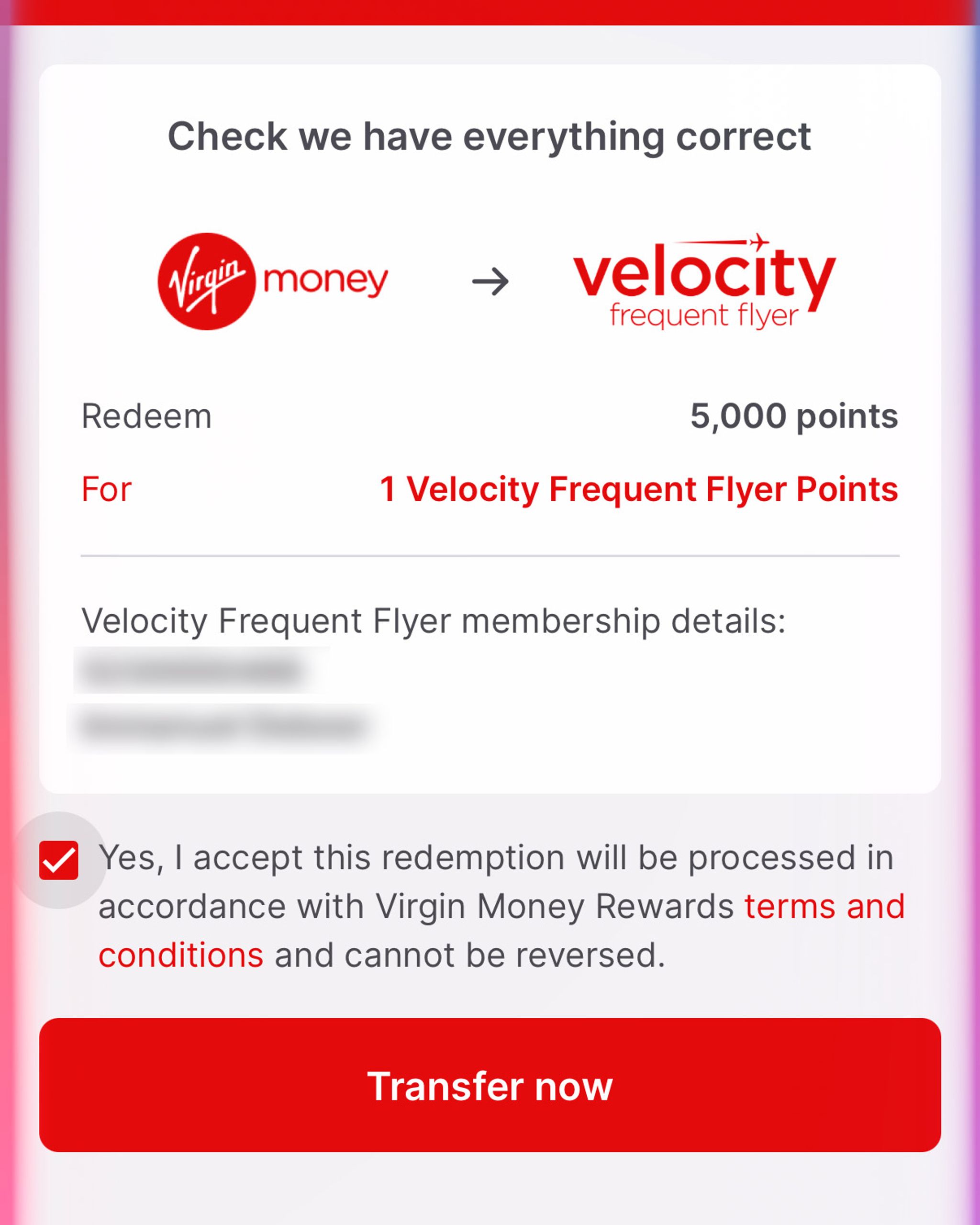 Virgin Money Rewards transfer of 5,000 points to Velocity Frequent Flyer