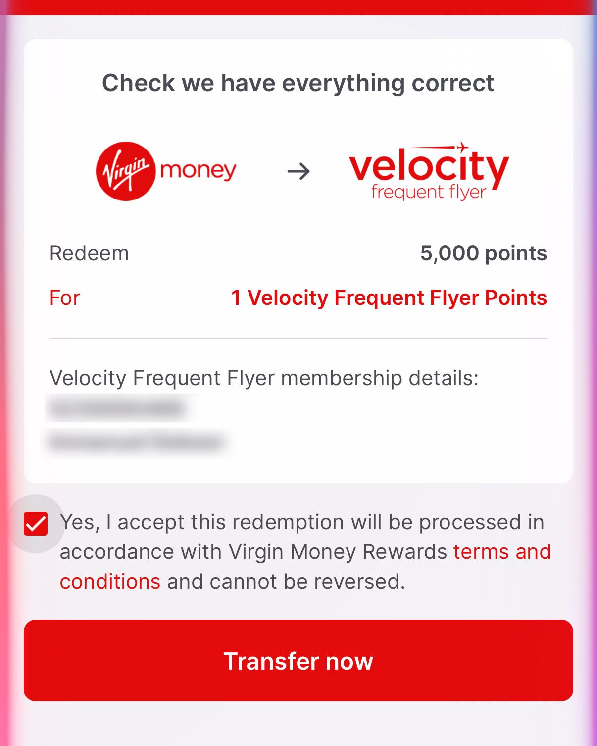 Virgin Money Rewards transfer of 5,000 points to Velocity Frequent Flyer